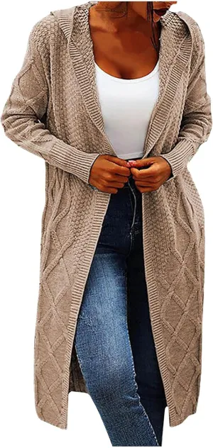 JOAU Women's Long Sleeve Open Front Cardigan Chunky Cable Knit Hooded Sweater Casual Loose Fit Midi Fall Winter Coat Top