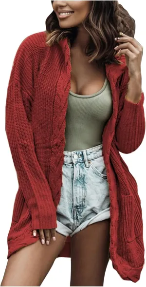 JOAU Women's Long Sleeve Soft Chunky Cable Knit Sweater Open Front Hooded Cardigans Outwear Casual Fall Winter Pockets Coat