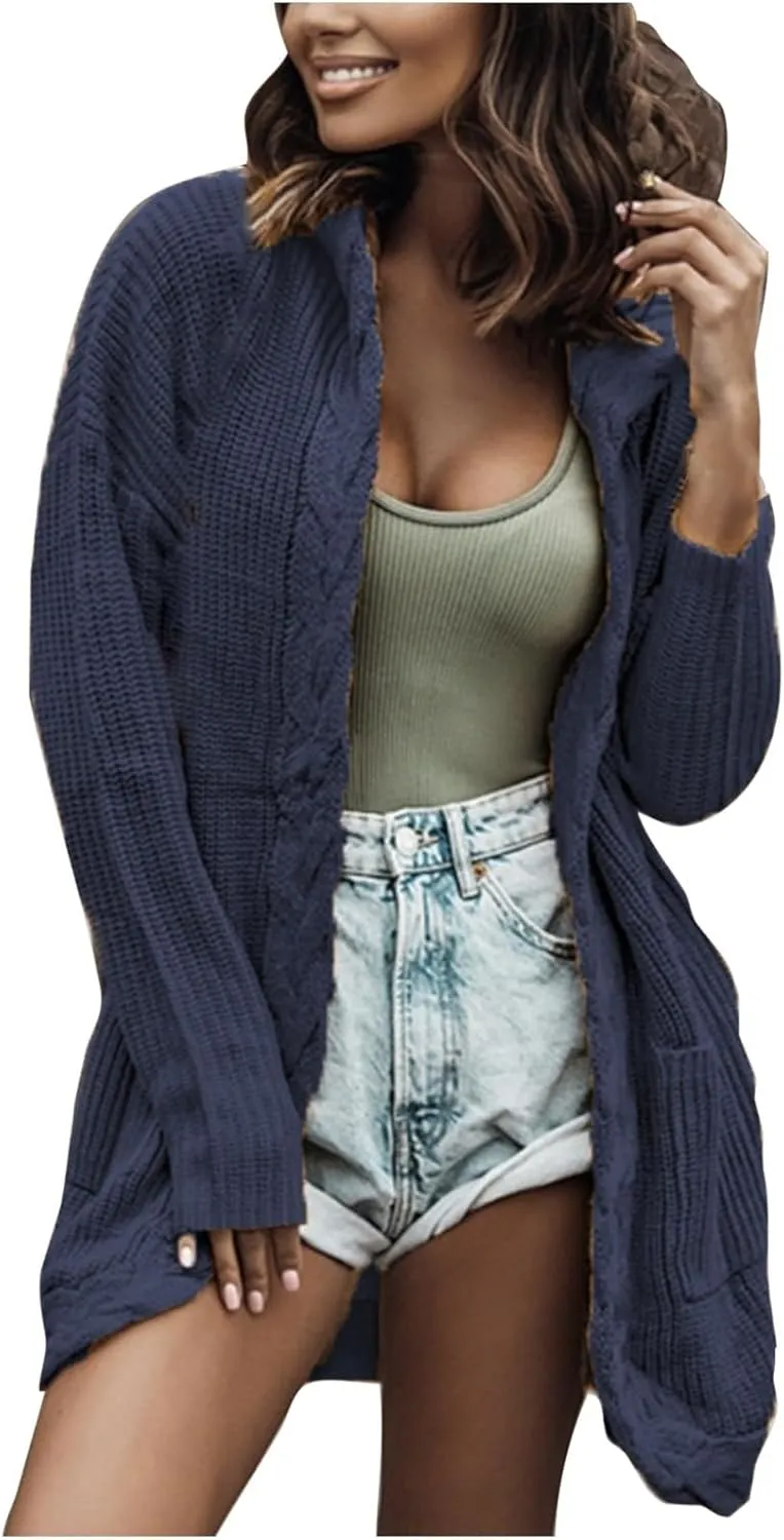 JOAU Women's Long Sleeve Soft Chunky Cable Knit Sweater Open Front Hooded Cardigans Outwear Casual Fall Winter Pockets Coat