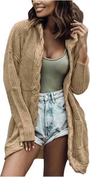 JOAU Women's Long Sleeve Soft Chunky Cable Knit Sweater Open Front Hooded Cardigans Outwear Casual Fall Winter Pockets Coat