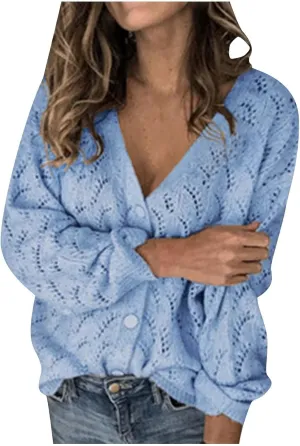 JOAU Womens Open Front Long Sleeve Chunky Knit Cardigan V Neck Button Down Sweaters Loose Fit Hollow Out Outwear Coat Top