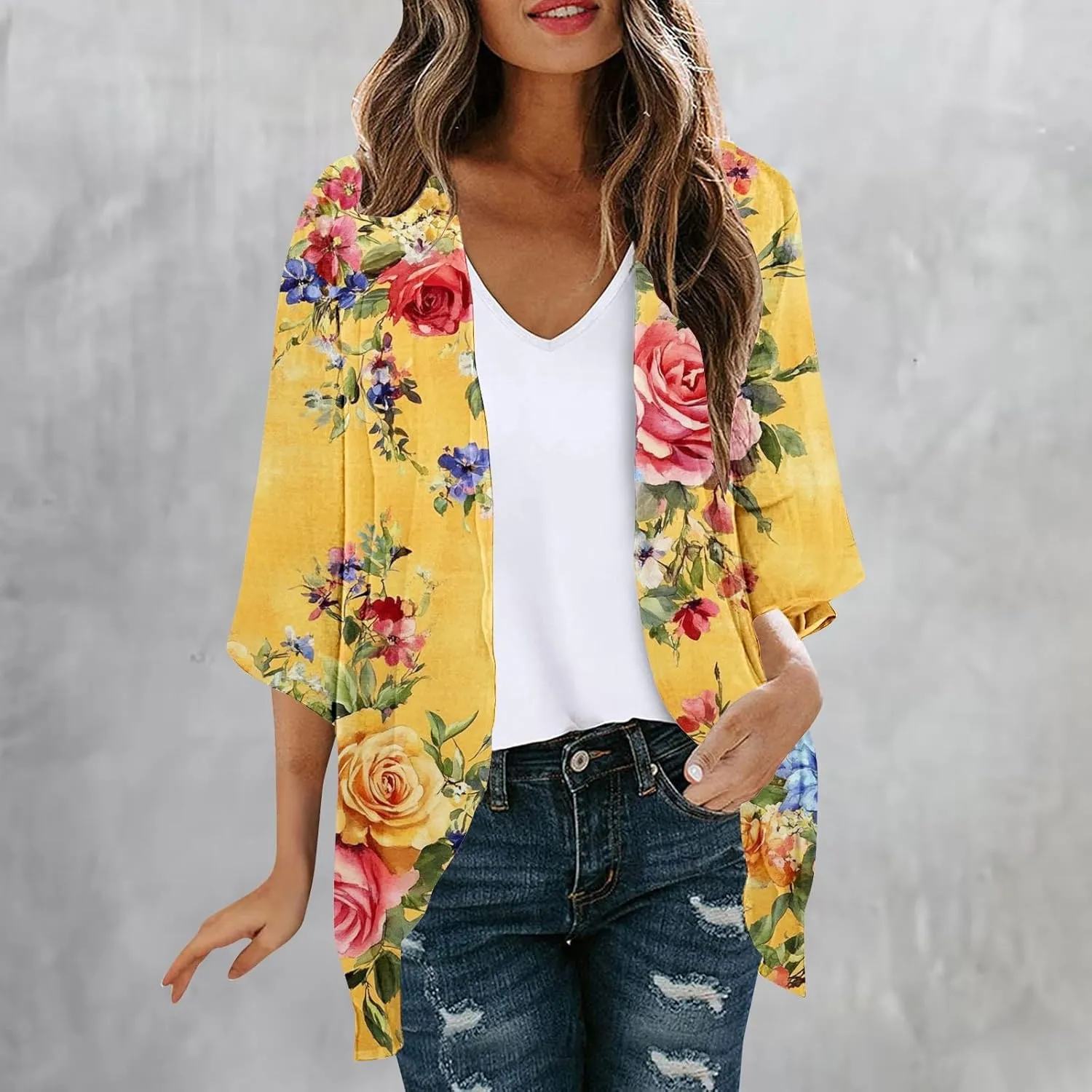 Kimono Cardigans for Women Lightweight Bathing Suit Cover Up 3/4 Sleeve Cardigan Summer Vacation Outfits