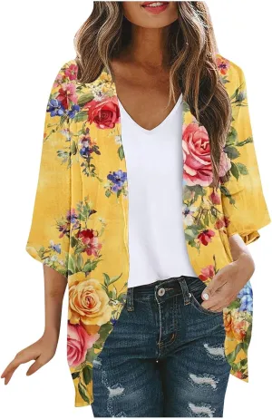 Kimono Cardigans for Women Lightweight Bathing Suit Cover Up 3/4 Sleeve Cardigan Summer Vacation Outfits