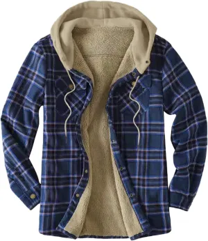 LCMTWX Men's Cotton Plaid Shirts Jacket Pocket Hooded Loose Coat Plus Velvet Shirt Top with Hood for Men Soft Warm Coat for
