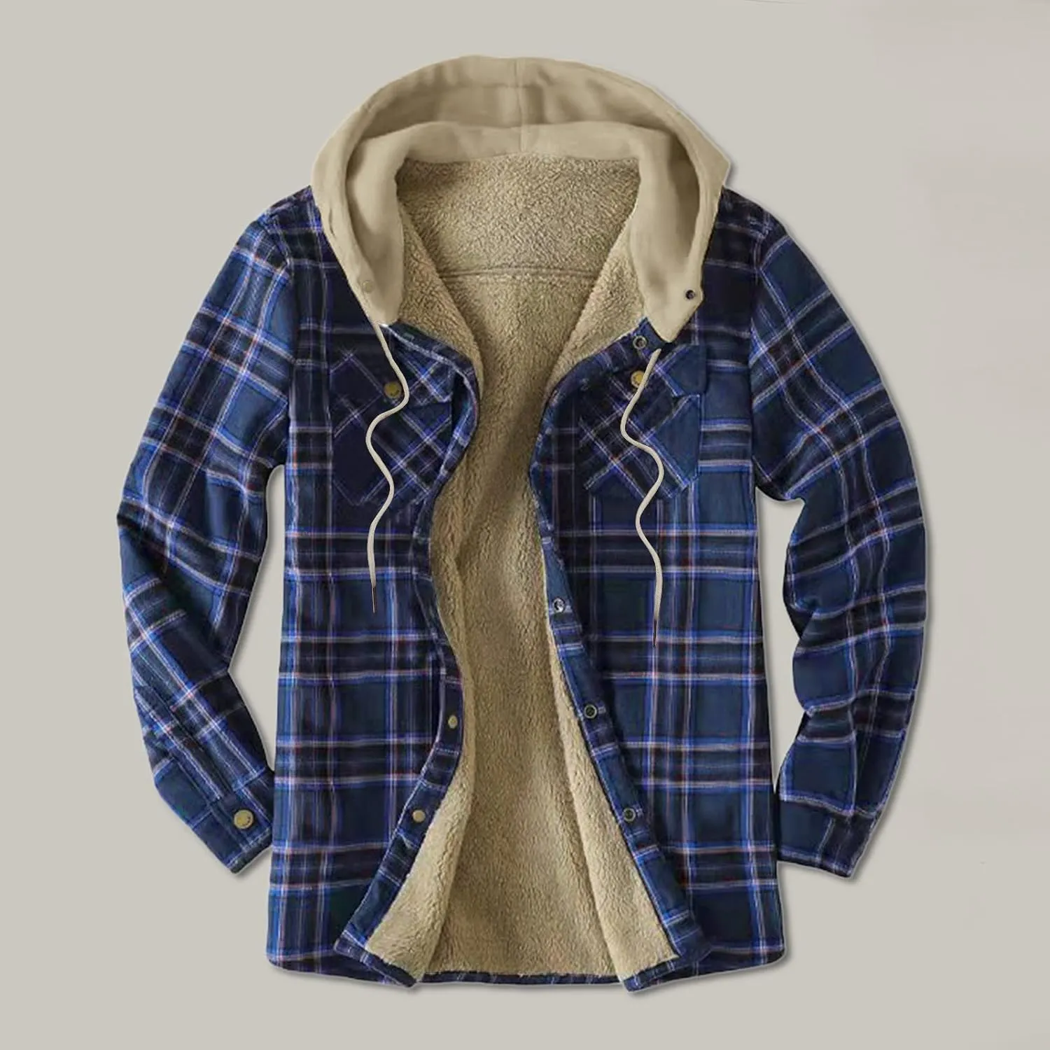 LCMTWX Men's Cotton Plaid Shirts Jacket Pocket Hooded Loose Coat Plus Velvet Shirt Top with Hood for Men Soft Warm Coat for
