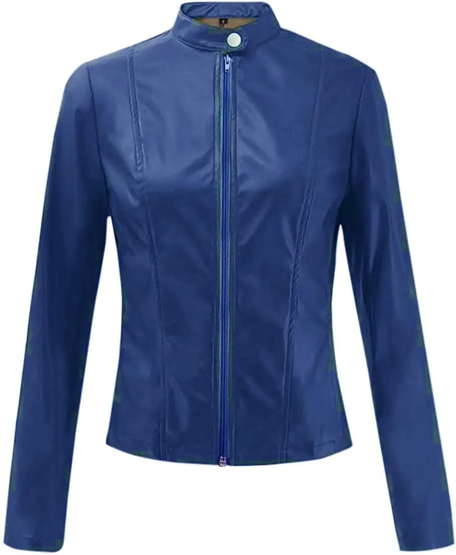 LCMTWX Womens Jacket Solid Full Zip Snap Stand Collar Long Sleeve Cardigan Slim Jacket Coat for Vacation Motorcycle Red