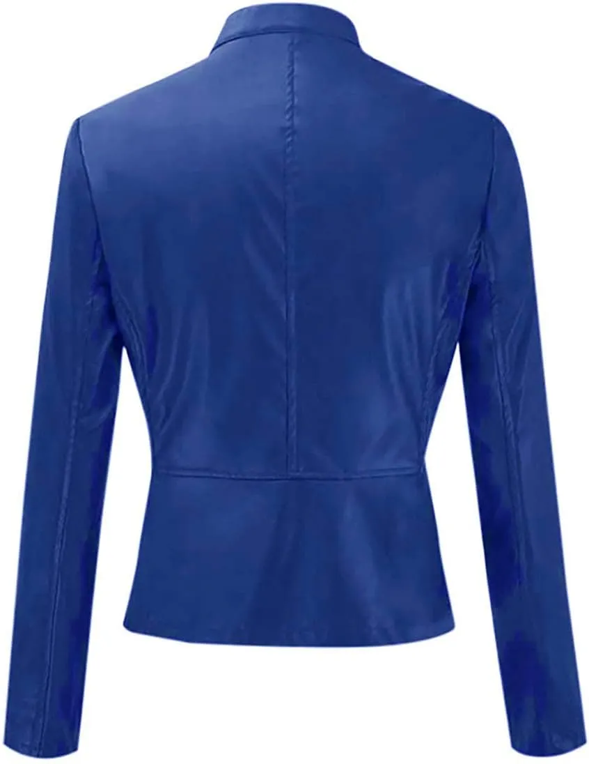 LCMTWX Womens Jacket Solid Full Zip Snap Stand Collar Long Sleeve Cardigan Slim Jacket Coat for Vacation Motorcycle Red