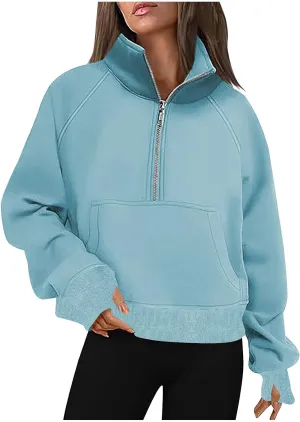 lcziwo Womens Oversized Cropped Sweatshirts Half Zip Lapel Fleece Pullover Quarter Zipper Long Sleeve Tops with Pocket