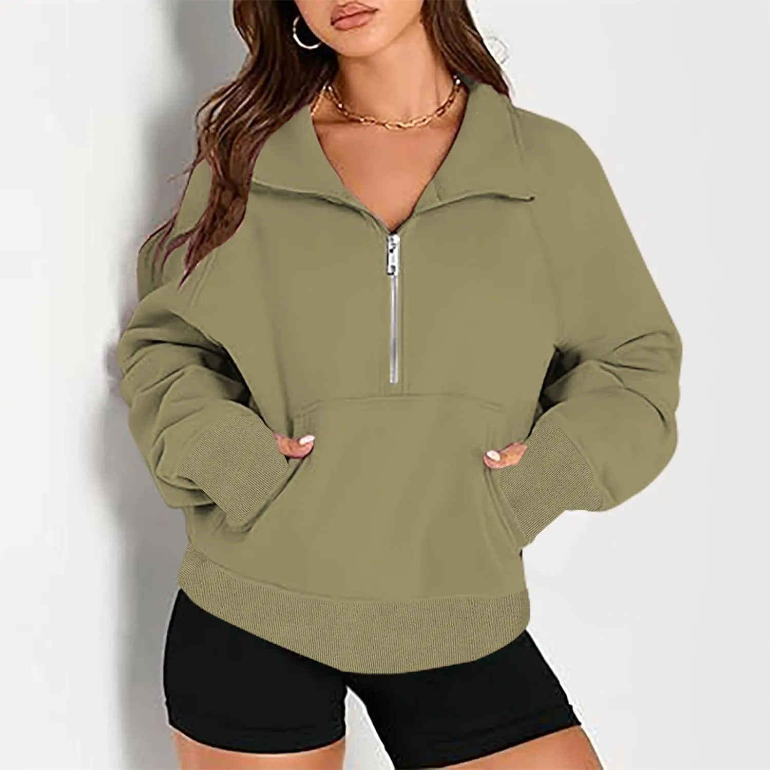 lcziwo Womens Oversized Cropped Sweatshirts Half Zip Lapel Fleece Pullover Quarter Zipper Long Sleeve Tops with Pocket