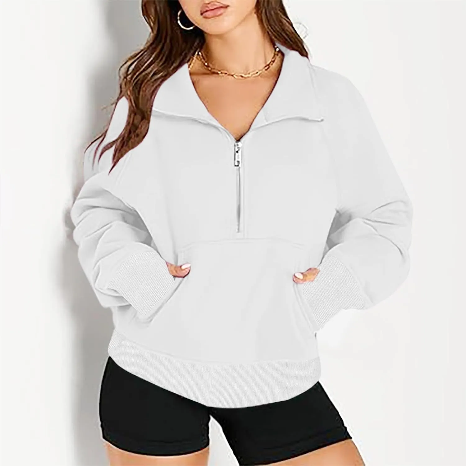 lcziwo Womens Oversized Cropped Sweatshirts Half Zip Lapel Fleece Pullover Quarter Zipper Long Sleeve Tops with Pocket