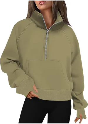 lcziwo Womens Oversized Cropped Sweatshirts Half Zip Lapel Fleece Pullover Quarter Zipper Long Sleeve Tops with Pocket