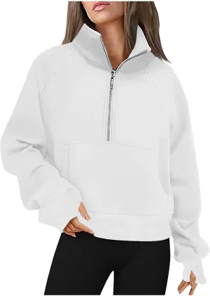lcziwo Womens Oversized Cropped Sweatshirts Half Zip Lapel Fleece Pullover Quarter Zipper Long Sleeve Tops with Pocket