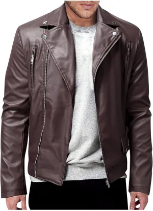 Leather Jacket Men Long Sleeve Bomber Motorcycle Jackets Zip Up Outwear Sports Basic Biker Winter Coat with Pockets