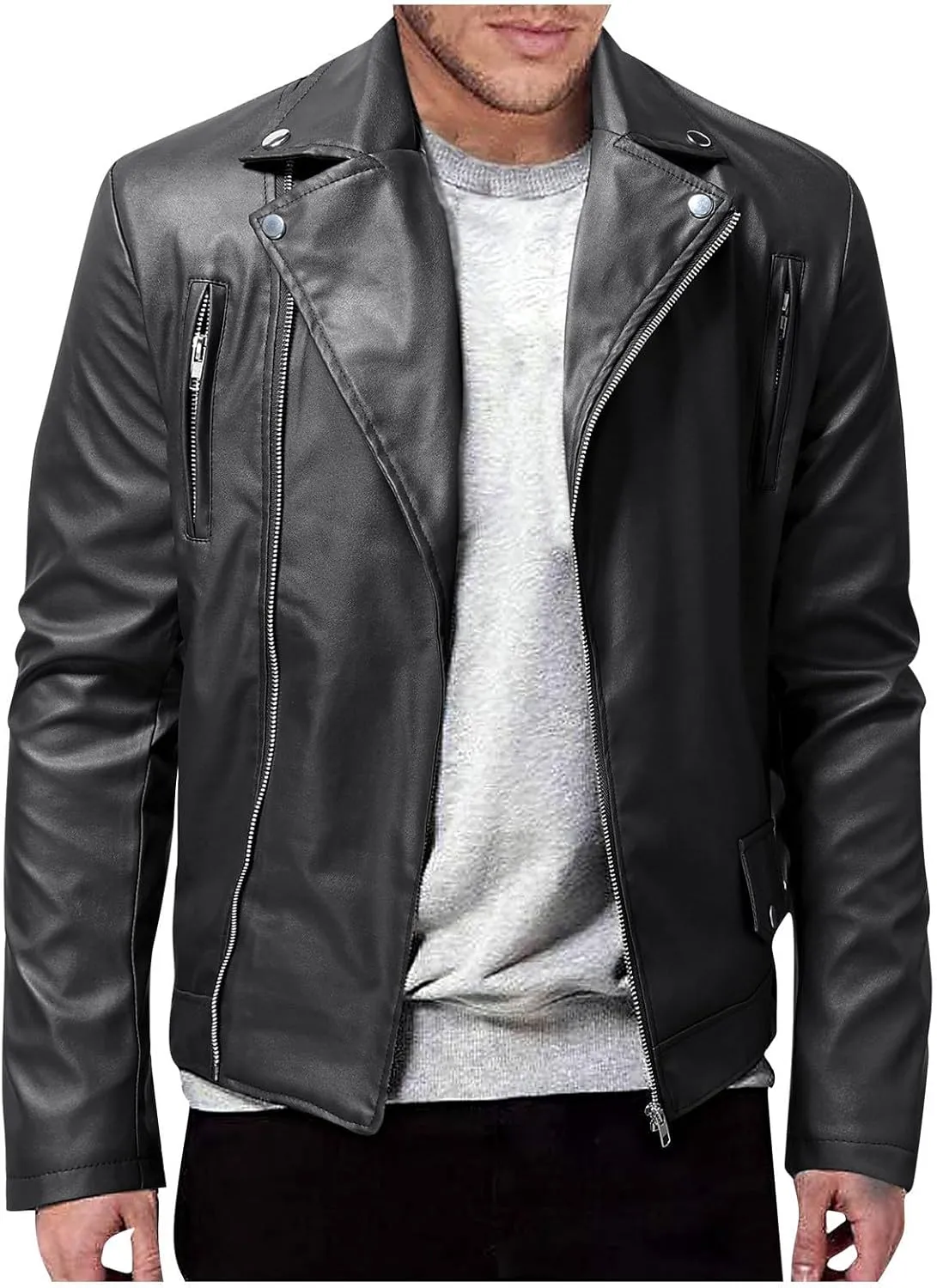 Leather Jacket Men Long Sleeve Bomber Motorcycle Jackets Zip Up Outwear Sports Basic Biker Winter Coat with Pockets