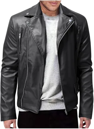 Leather Jacket Men Long Sleeve Bomber Motorcycle Jackets Zip Up Outwear Sports Basic Biker Winter Coat with Pockets