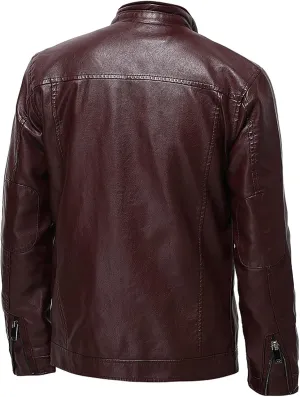 Leather Jacket Men Trendy Stand Collar Slim Fit Faux Leather Jacket Zip-Up Motorcycle Biker Coat with Pockets