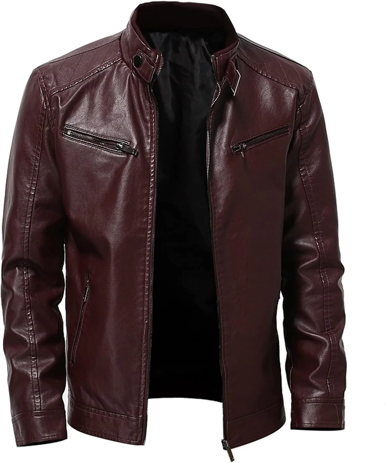 Leather Jacket Men Trendy Stand Collar Slim Fit Faux Leather Jacket Zip-Up Motorcycle Biker Coat with Pockets