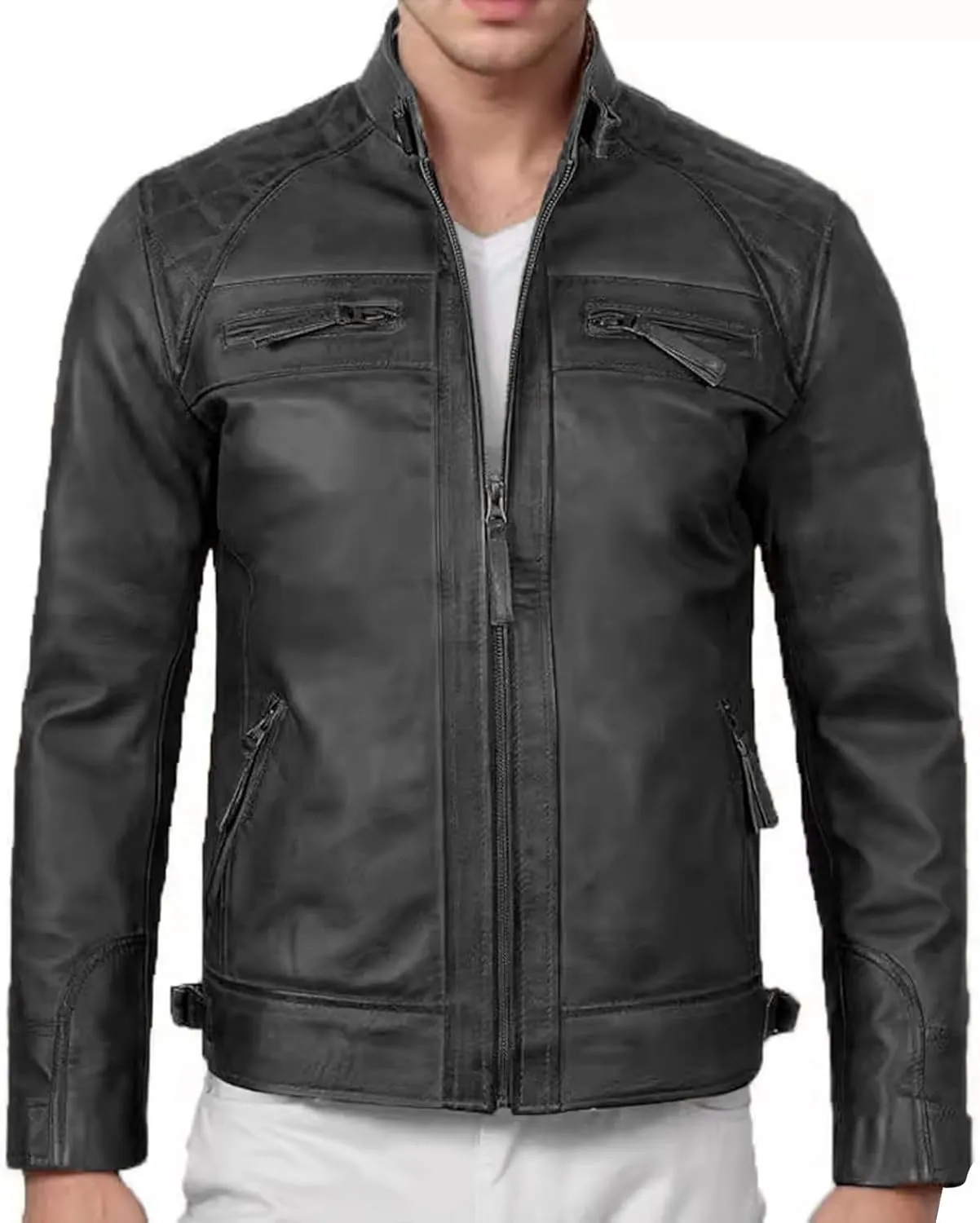 Leather Motorcycle Jacket Men - Stand Collar Punk Motorcycle Leather Jackets Long Sleeve Zipper Biker Coats Outwear