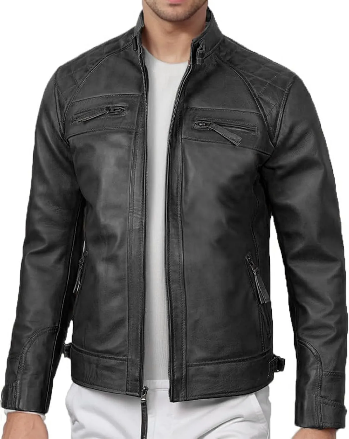 Leather Motorcycle Jacket Men - Stand Collar Punk Motorcycle Leather Jackets Long Sleeve Zipper Biker Coats Outwear