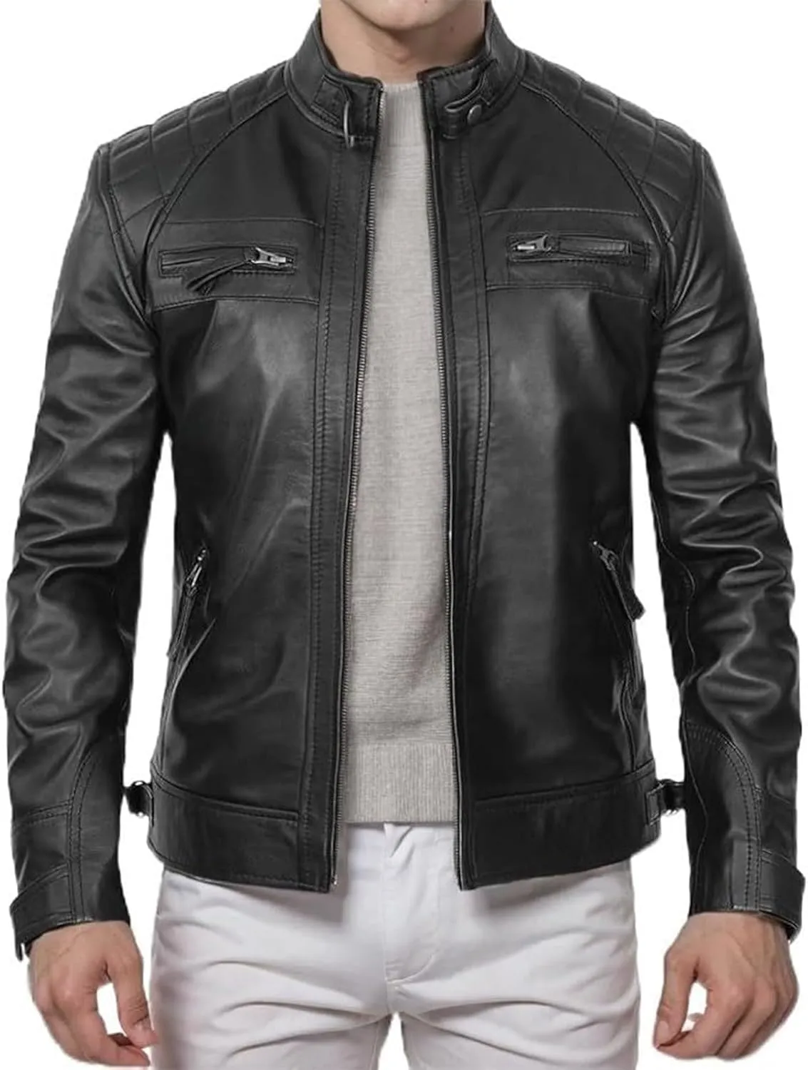 Leather Motorcycle Jacket Men - Stand Collar Punk Motorcycle Leather Jackets Long Sleeve Zipper Biker Coats Outwear