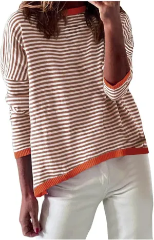 Light Sweatshirt for Women Fashion Casual Round Neck Striped Tops Long Sleeved Sweater Hoodless Hoodie