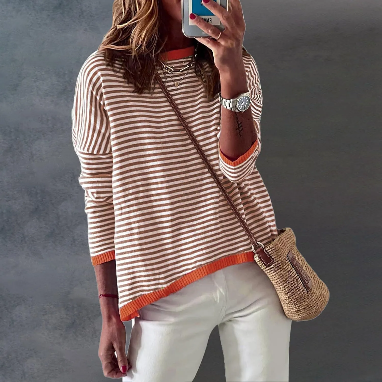 Light Sweatshirt for Women Fashion Casual Round Neck Striped Tops Long Sleeved Sweater Hoodless Hoodie