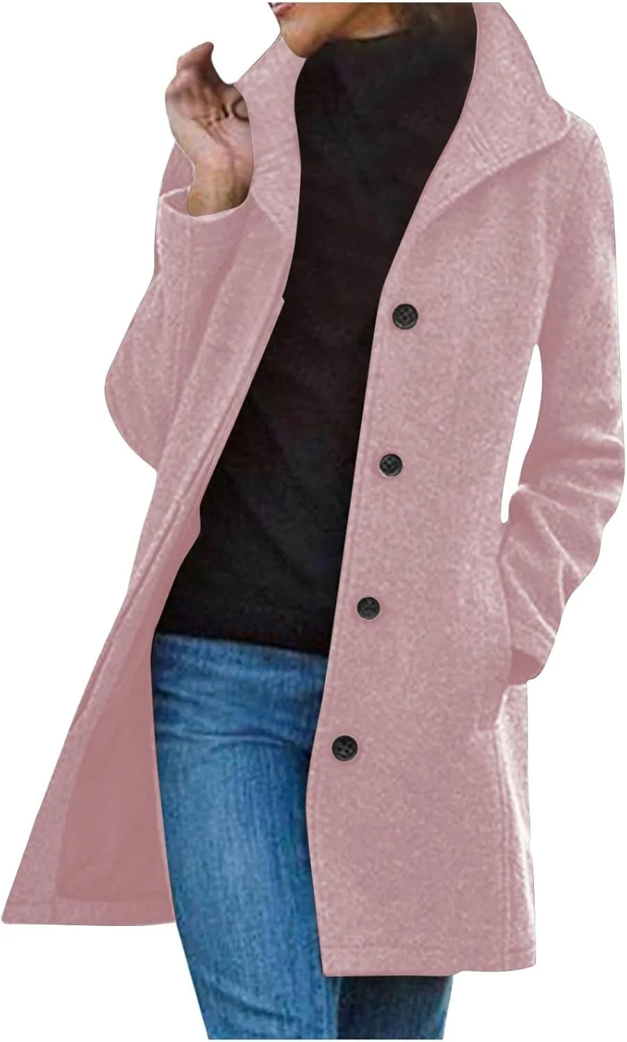 Lmdudan Long Pea Coats for Women Winter Stand Collar Single Breasted Wool Coats Wool Blend Peacoat Thicken Blazer Jackets
