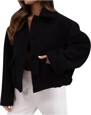 Lmdudan Women Short Wool Blend Jacket Lapel Single Breasted Long Sleeve Cropped Coat Wool Jacket with Flap Pockets Pea Coats