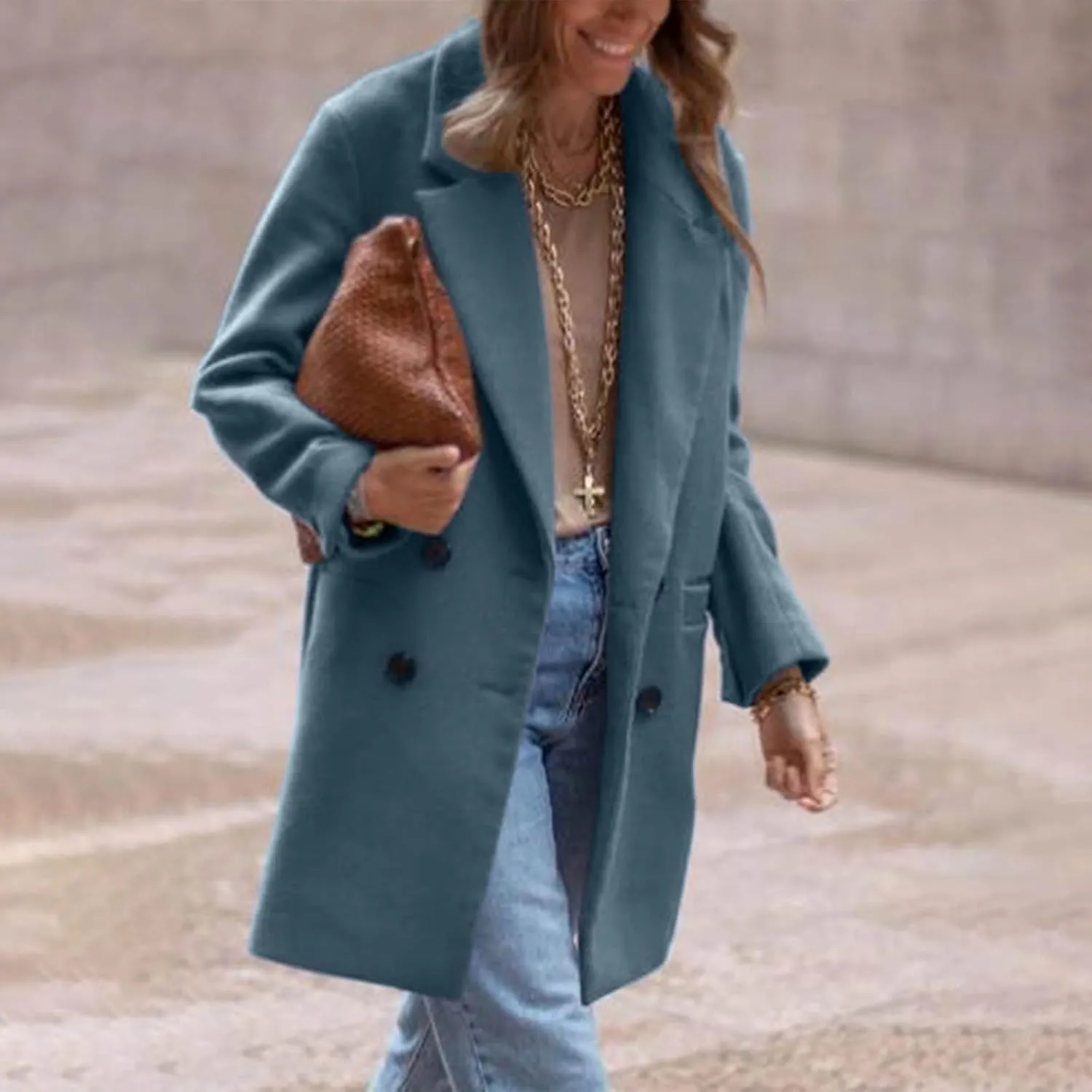 Lmdudan Women's Wool Blend Coats Notch Lapel Double Breasted Mid Long Pea Coat Fashion Solid Color Coat Jacket with Pockets