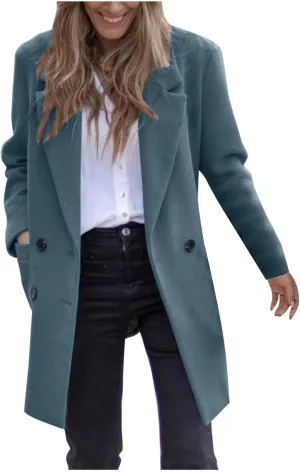 Lmdudan Women's Wool Blend Coats Notch Lapel Double Breasted Mid Long Pea Coat Fashion Solid Color Coat Jacket with Pockets
