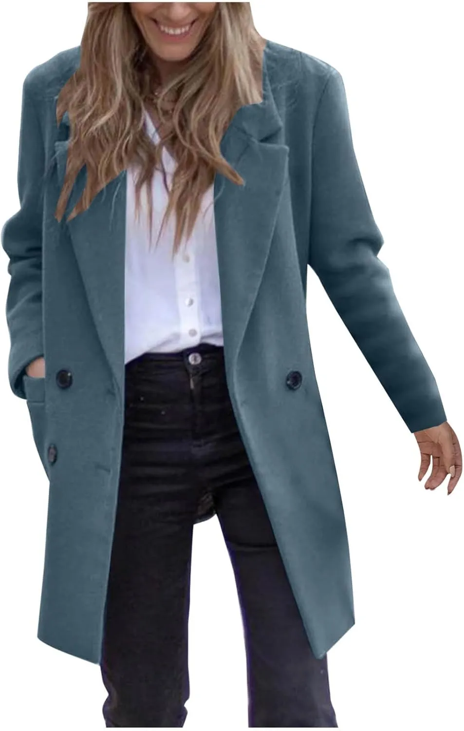 Lmdudan Women's Wool Blend Coats Notch Lapel Double Breasted Mid Long Pea Coat Fashion Solid Color Coat Jacket with Pockets