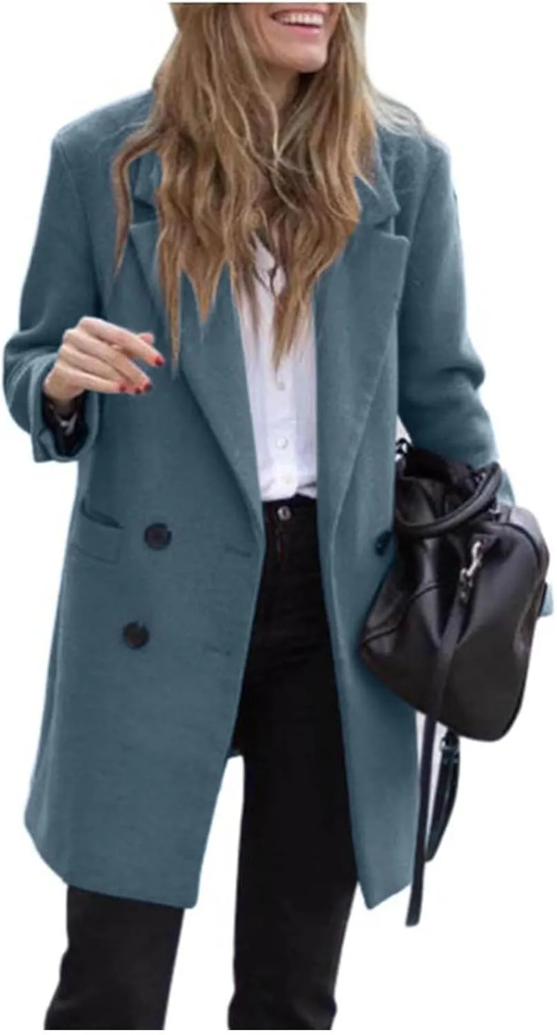 Lmdudan Women's Wool Blend Coats Notch Lapel Double Breasted Mid Long Pea Coat Fashion Solid Color Coat Jacket with Pockets