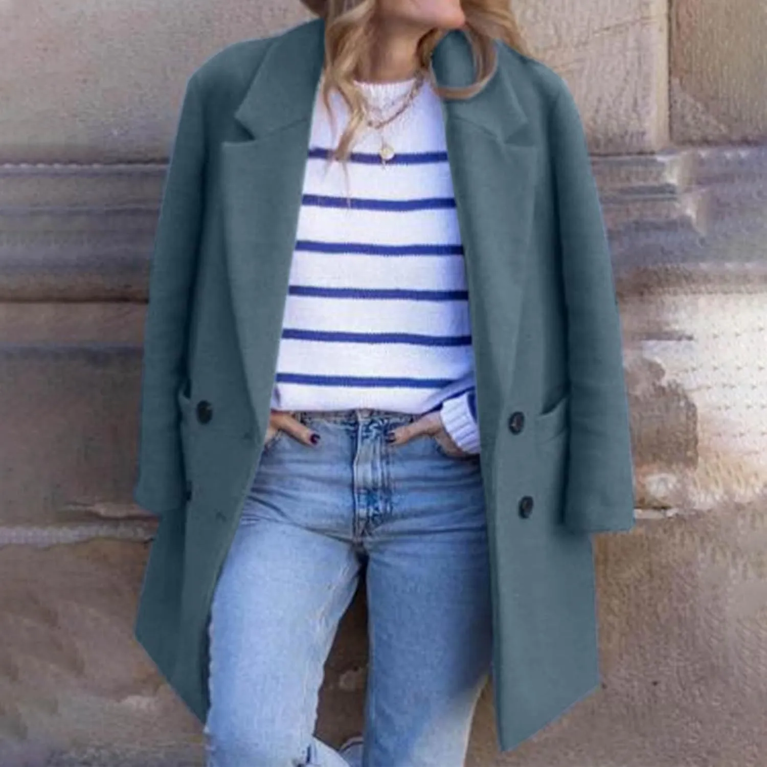 Lmdudan Women's Wool Blend Coats Notch Lapel Double Breasted Mid Long Pea Coat Fashion Solid Color Coat Jacket with Pockets