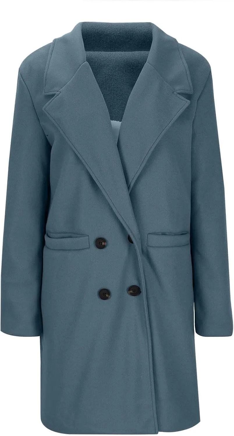 Lmdudan Women's Wool Blend Coats Notch Lapel Double Breasted Mid Long Pea Coat Fashion Solid Color Coat Jacket with Pockets