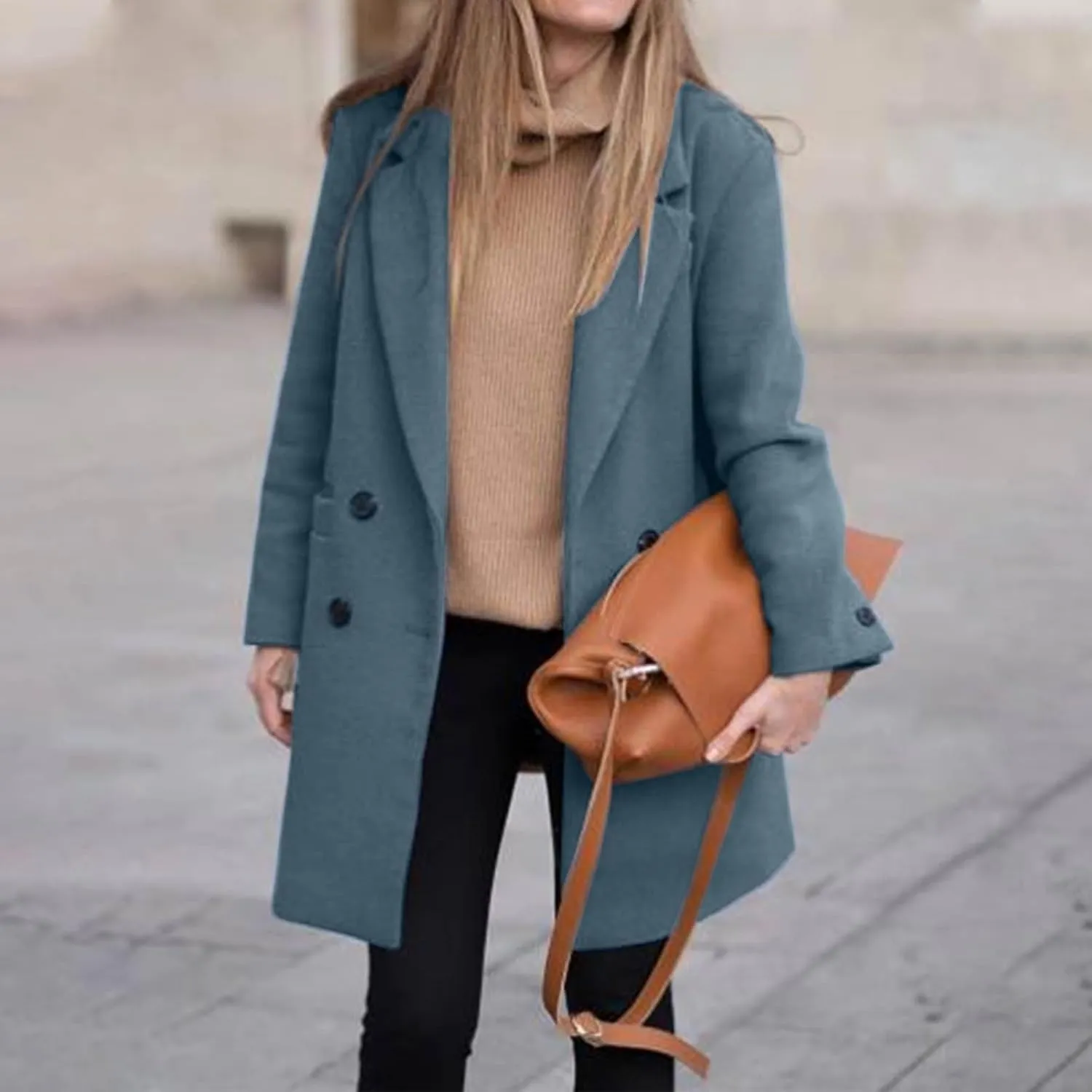 Lmdudan Women's Wool Blend Coats Notch Lapel Double Breasted Mid Long Pea Coat Fashion Solid Color Coat Jacket with Pockets