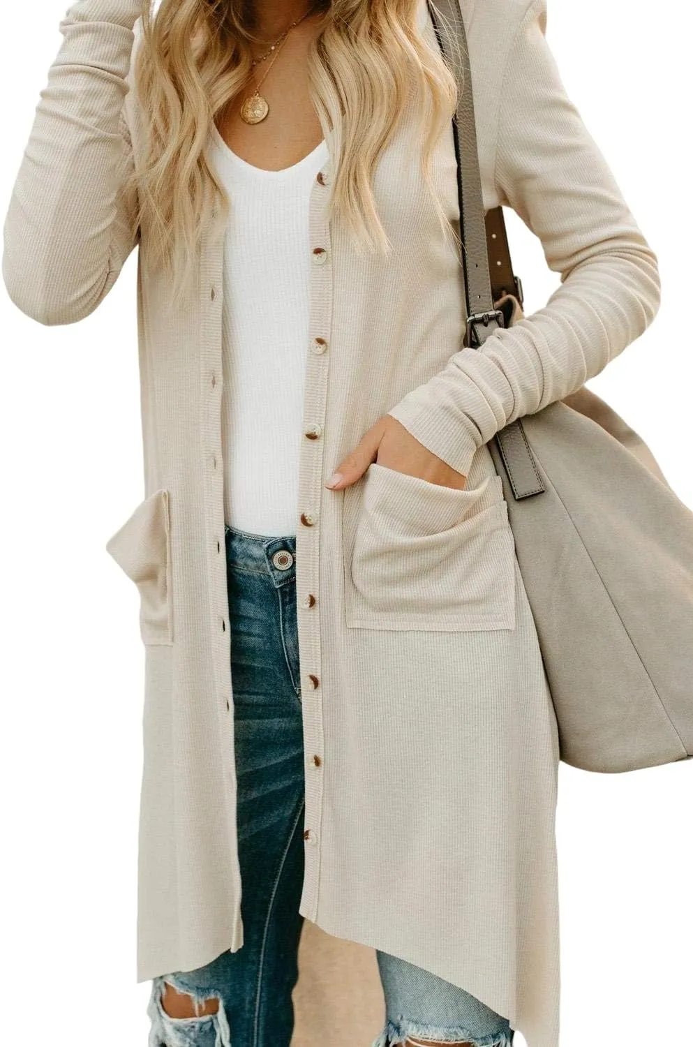 Long Cardigan Sweaters for Women Knit Open Front Cardigans Casual Button Down Long Sleeve Jacket Outwear with Pockets