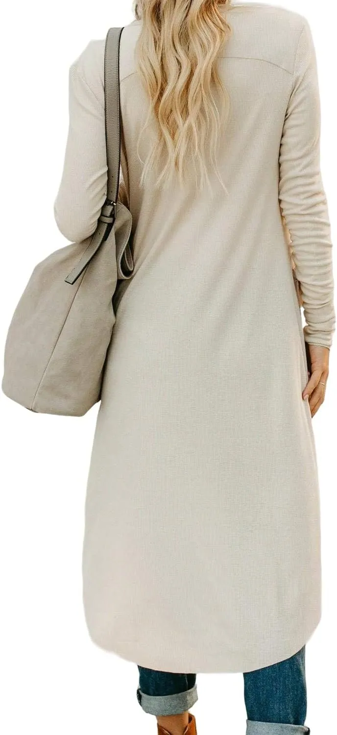 Long Cardigan Sweaters for Women Knit Open Front Cardigans Casual Button Down Long Sleeve Jacket Outwear with Pockets