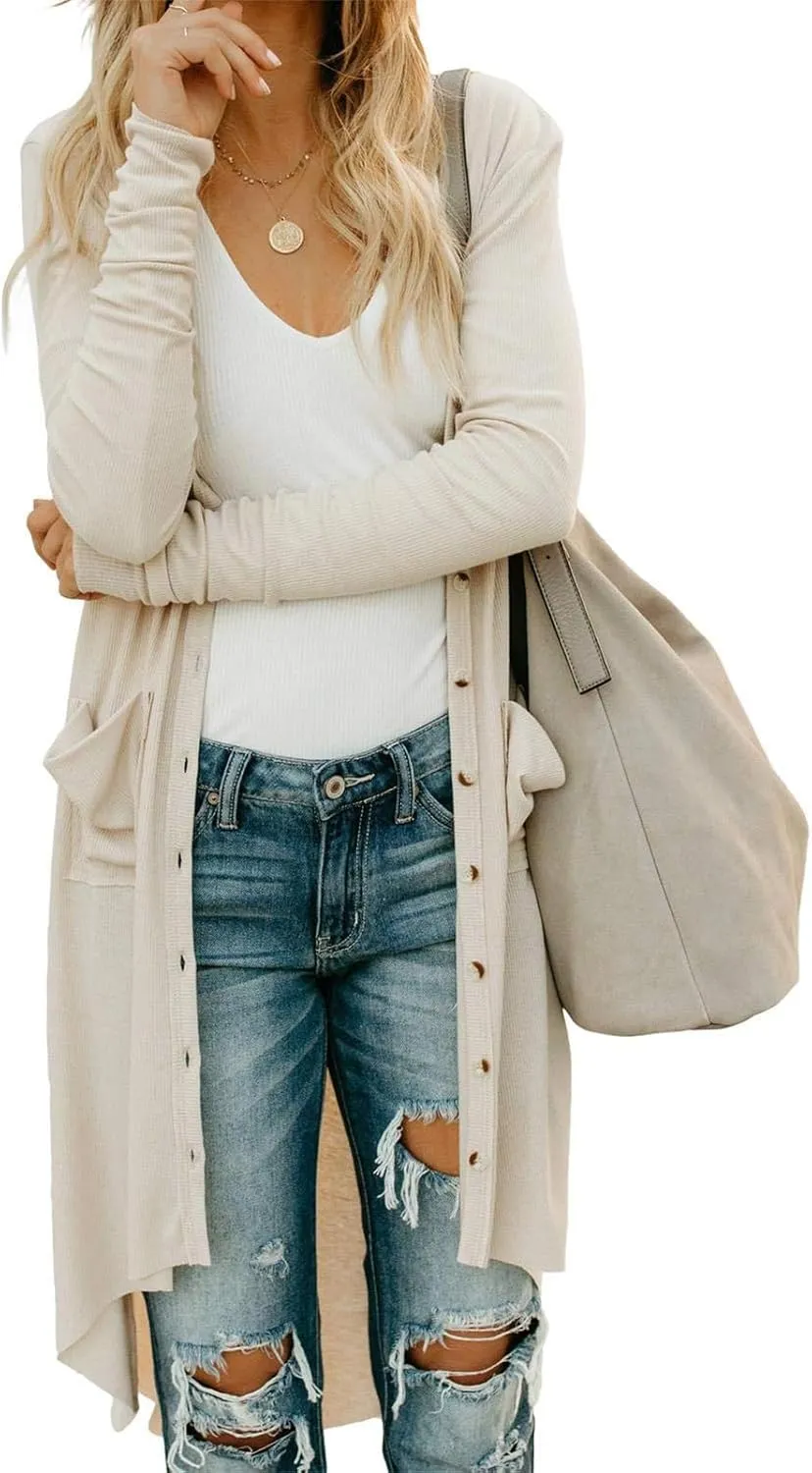 Long Cardigan Sweaters for Women Knit Open Front Cardigans Casual Button Down Long Sleeve Jacket Outwear with Pockets