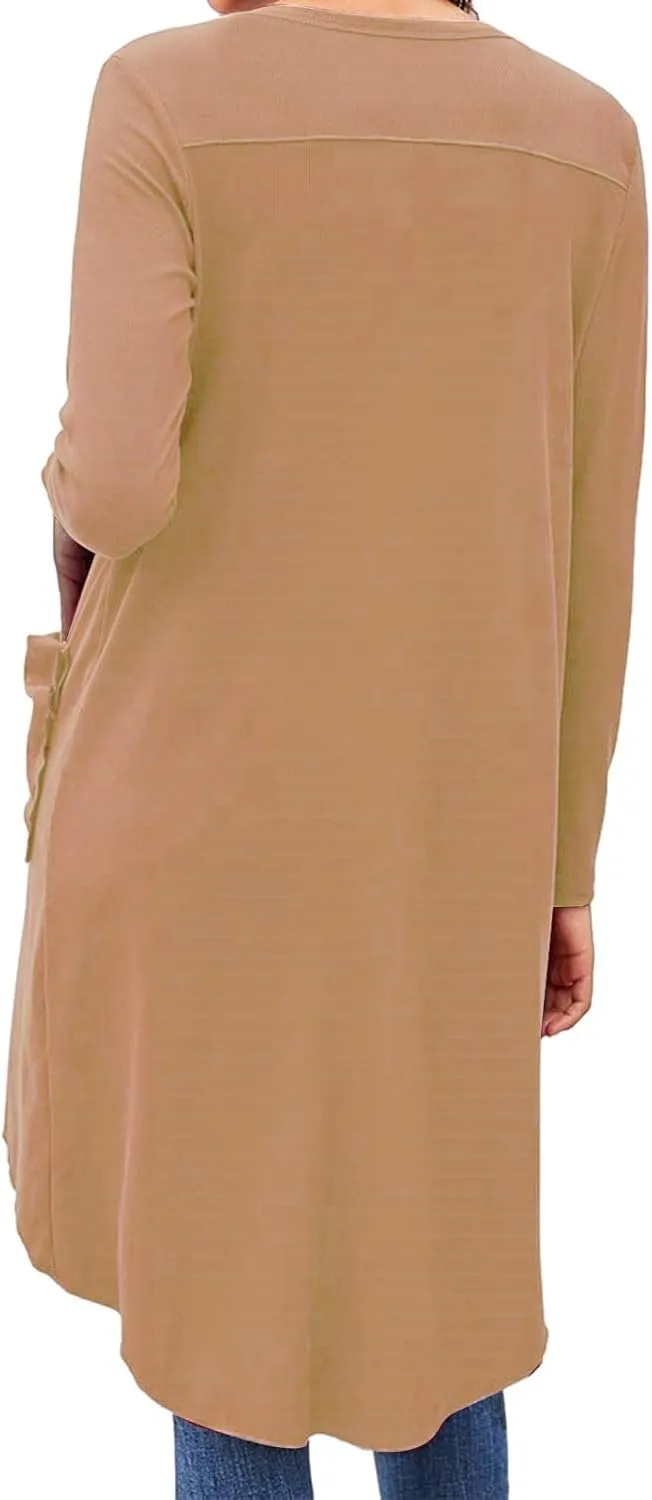 Long Cardigan Sweaters for Women Knit Open Front Cardigans Casual Button Down Long Sleeve Jacket Outwear with Pockets