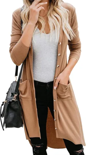 Long Cardigan Sweaters for Women Knit Open Front Cardigans Casual Button Down Long Sleeve Jacket Outwear with Pockets