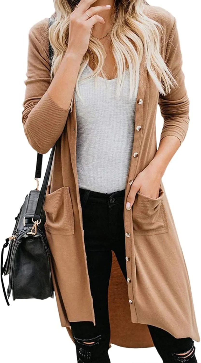 Long Cardigan Sweaters for Women Knit Open Front Cardigans Casual Button Down Long Sleeve Jacket Outwear with Pockets