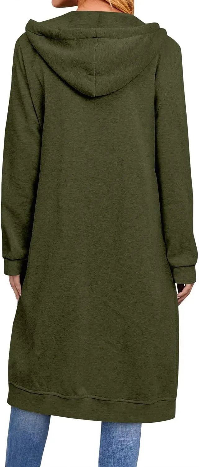 Long Hoodies for Women Zip Up Fleece Jacket Soft Long Sleeve Hooded Oversized Sweatshirt Winter Coat with Pockets
