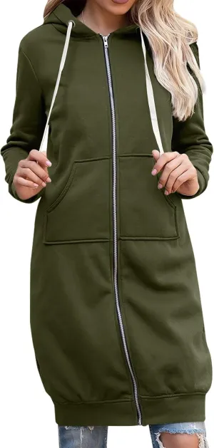 Long Hoodies for Women Zip Up Fleece Jacket Soft Long Sleeve Hooded Oversized Sweatshirt Winter Coat with Pockets