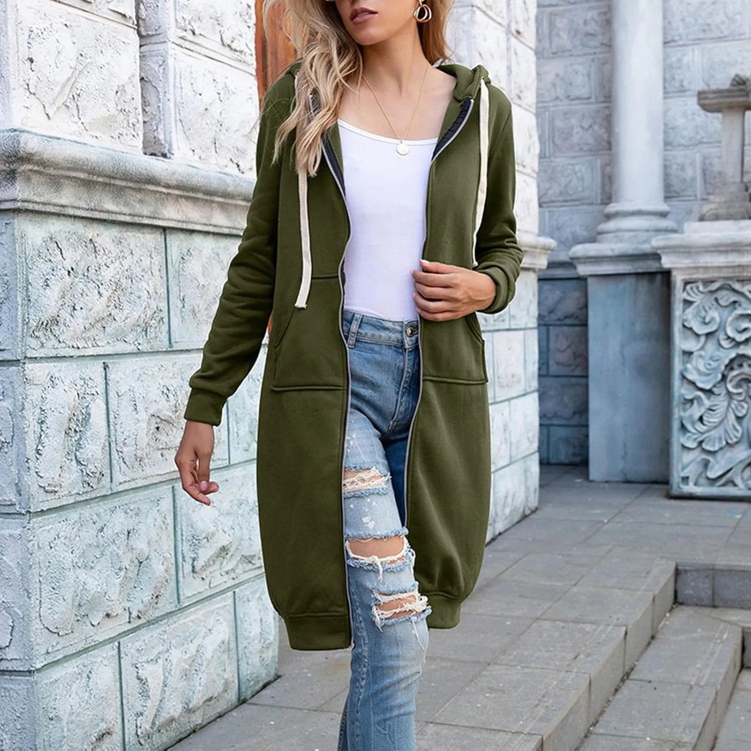 Long Hoodies for Women Zip Up Fleece Jacket Soft Long Sleeve Hooded Oversized Sweatshirt Winter Coat with Pockets