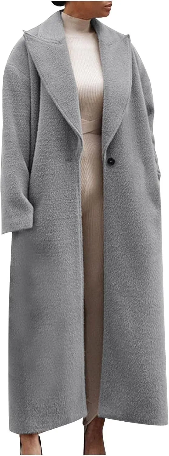 Long Jackets for Women Single Breasted Wool Pea Trench Coats Open Front Knitted Sweater Classic Lapel Solid Overcoat