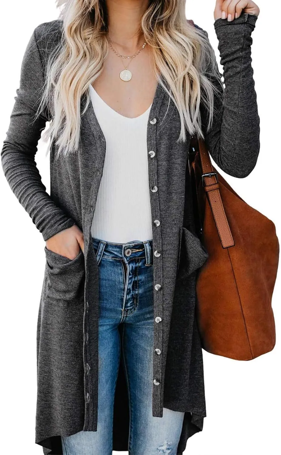 Long Open Front Cardigan for Women Button Down Knit Long Sleeve Cardigan Casual Jackets with Pockets