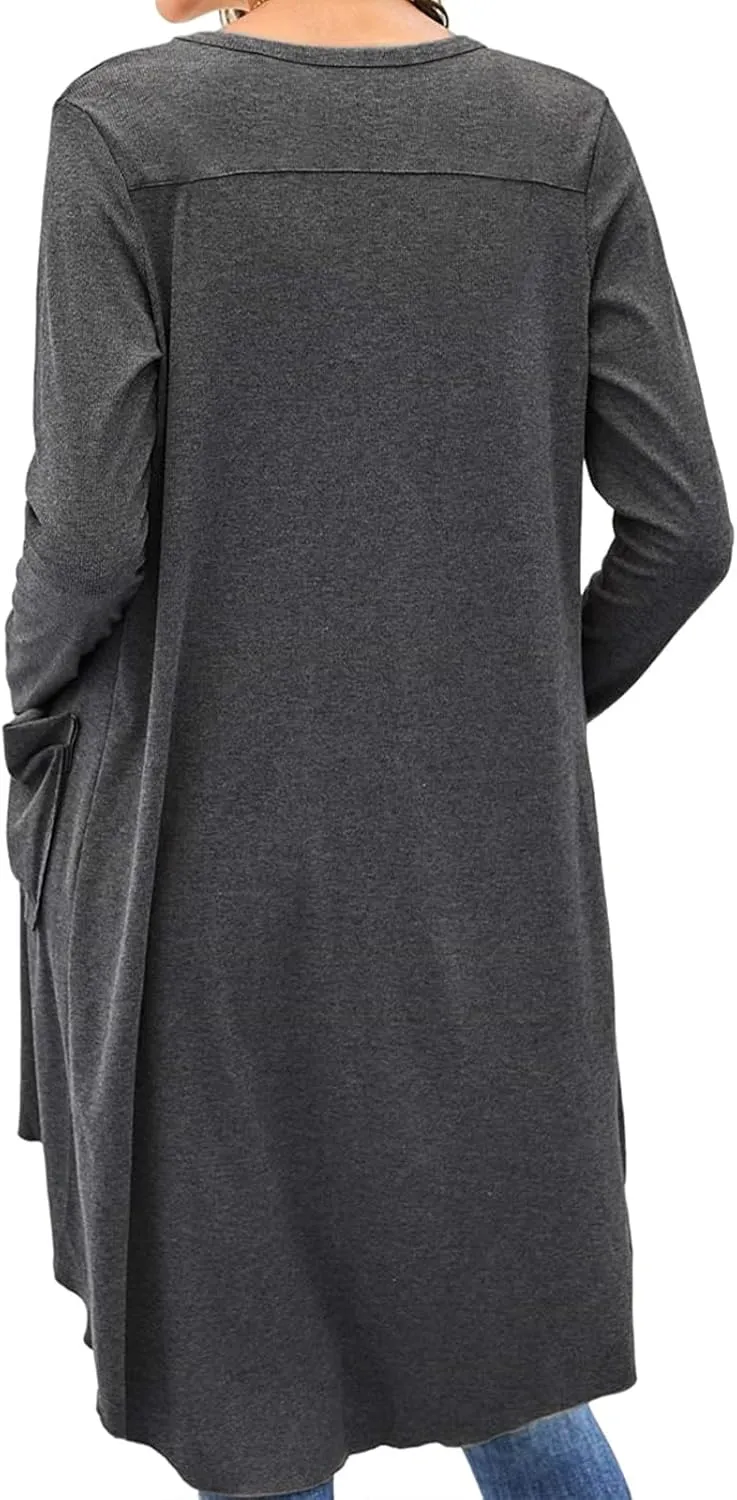 Long Open Front Cardigan for Women Button Down Knit Long Sleeve Cardigan Casual Jackets with Pockets