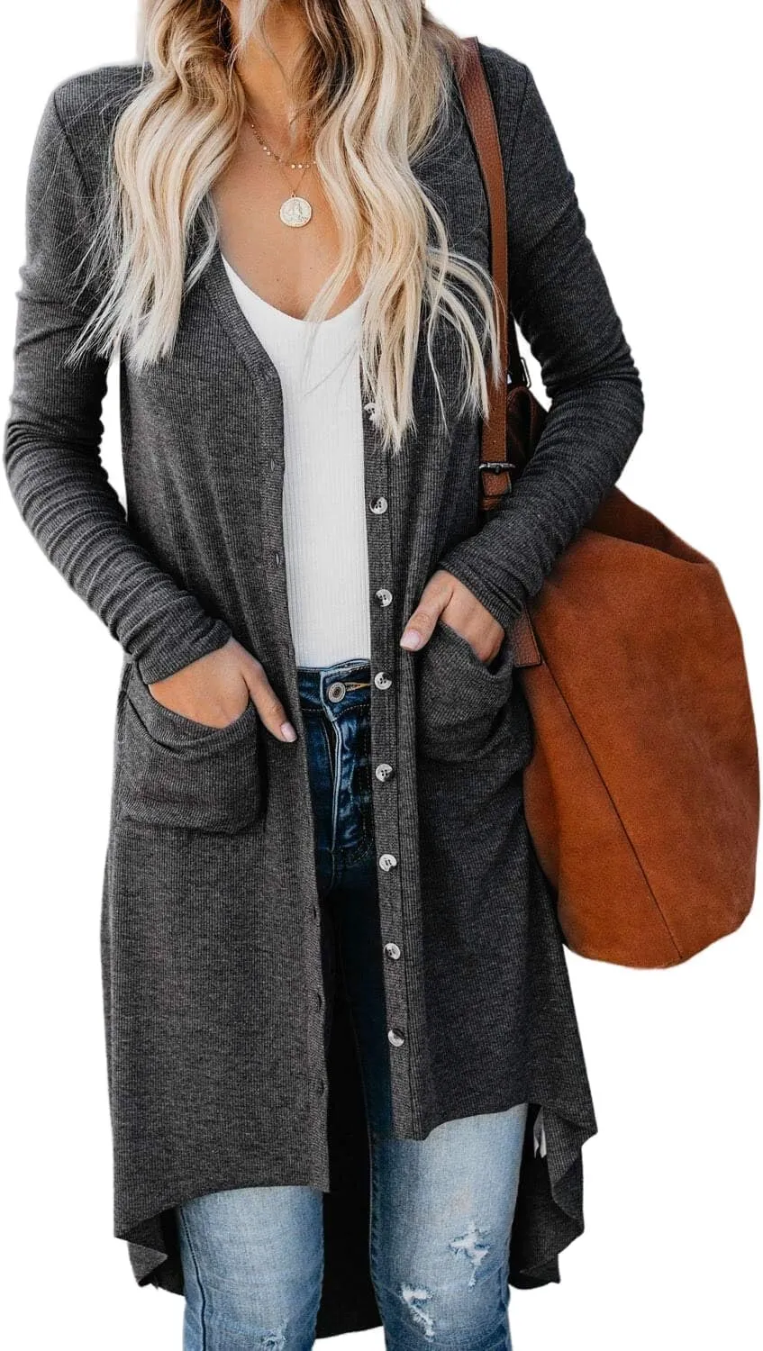 Long Open Front Cardigan for Women Button Down Knit Long Sleeve Cardigan Casual Jackets with Pockets