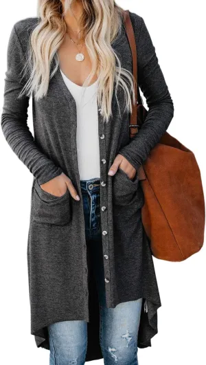 Long Open Front Cardigan for Women Button Down Knit Long Sleeve Cardigan Casual Jackets with Pockets