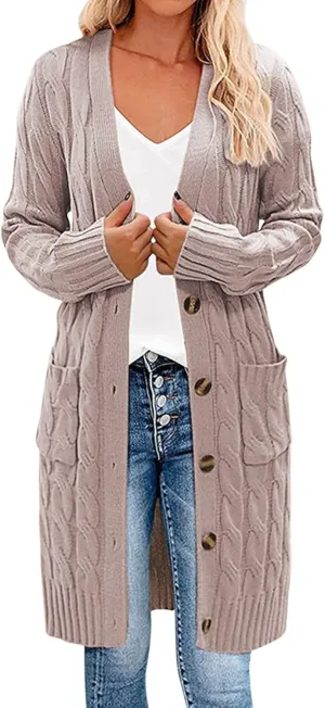 Long Sleeve Cable Knit Long Cardigan for Women 2024 Fall Winter Open Front Button Chunky Sweaters with Pockets